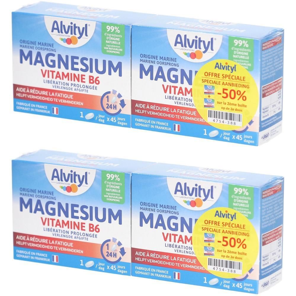 Blau-weiße Kartonverpackung mit Produktnamen und -details. Enthält vier Packungen. Text: Alvityl, Magnesium B6, 45 Tage.