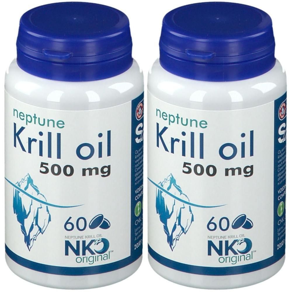 Zwei Flaschen mit blauem Deckel. Aufschrift: Krill Oil 500 mg, 60 Kapseln. Logo: Eisberg. Marke: NKO original.