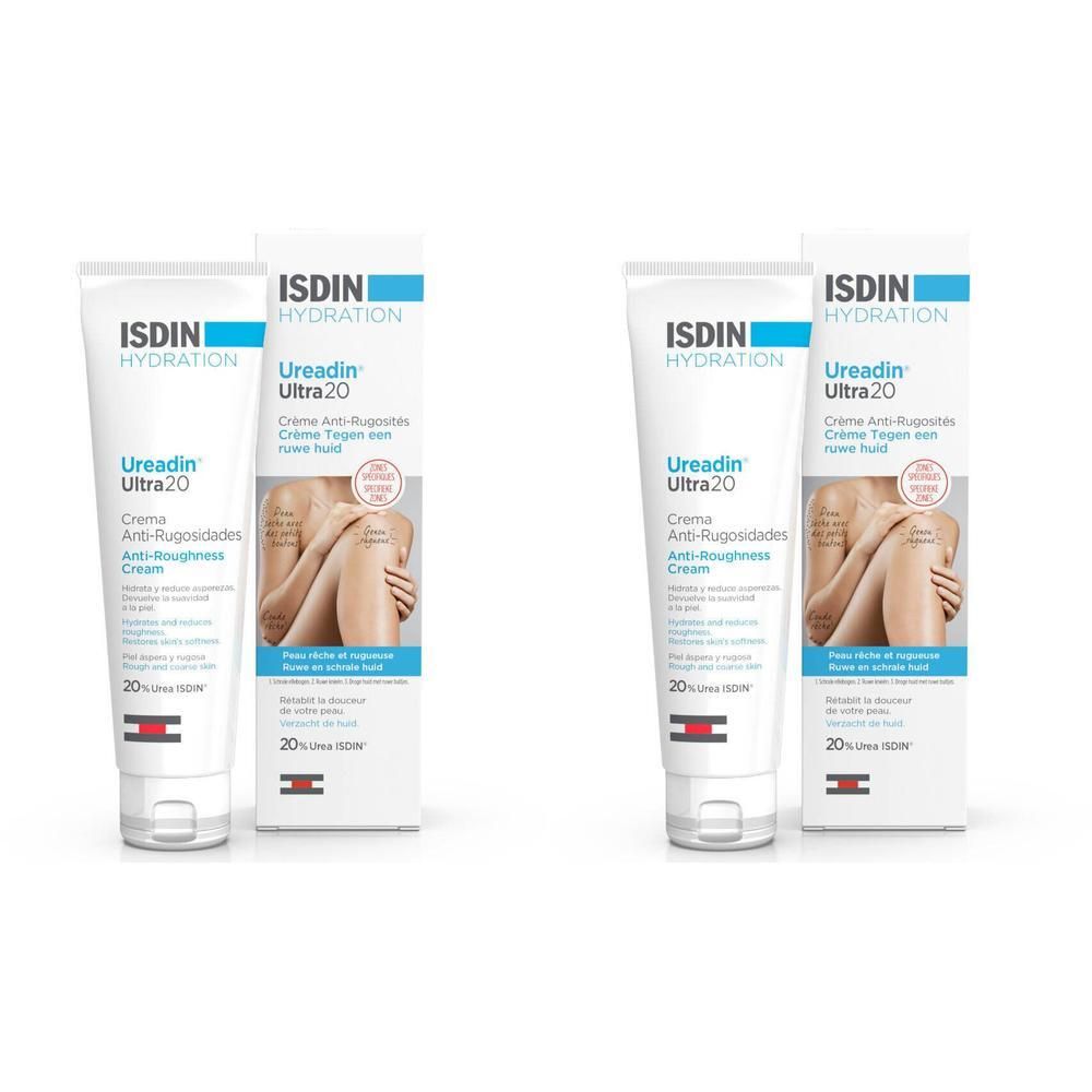 Creme-Tube und Schachtel. ISDIN Ureadin Ultra20 Creme. Anti-Rauheit Creme. Aufdrucke: ISDIN, Ureadin Ultra20, 20%.
