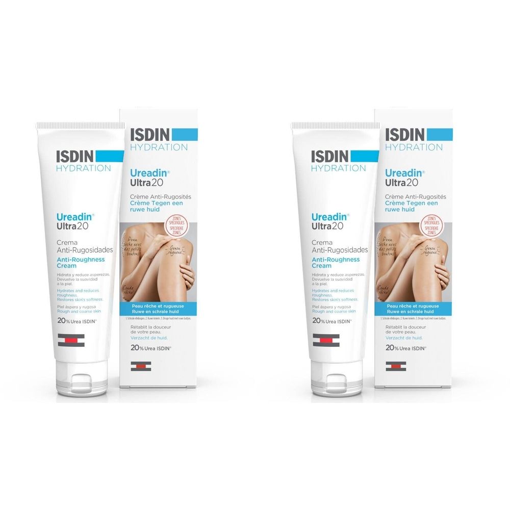 Tube et boîte de crème. ISDIN Ureadin Ultra20 Crème. Crème anti-rugosités. Inscriptions: ISDIN, Ureadin Ultra20, 20%.