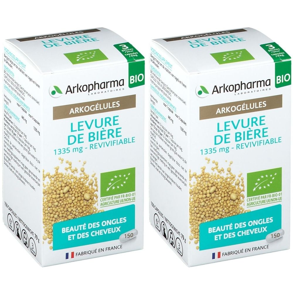 Zwei Packungen mit weißen Schachteln. Aufdruck: Arkopharma BIO, Levure de Bière, ArkoGélules, 1335 mg, Revivifiable. Grün-weiße Verpackung, 150 Kapseln.