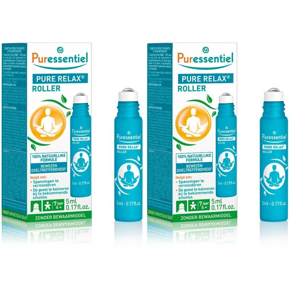 Trois flacons roll-on et emballages. Inscription: Puressentiel Pure Relax Roller. Formule 100% naturelle. 5 ml.