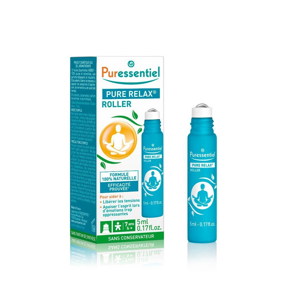 Puressentiel Pure Relax Roller: Blaue 5ml Flasche mit Roll-on-Applikator und Verpackung. Zeigt eine sitzende Person in Meditationshaltung.