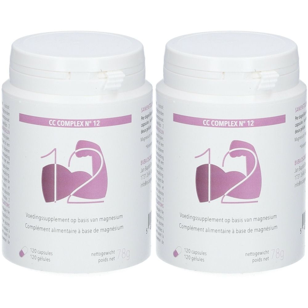 Deux boîtes blanches avec couvercles. Inscription "CC COMPLEX N° 12". Logo violet avec chiffre 12 et bras. Texte en néerlandais et français.