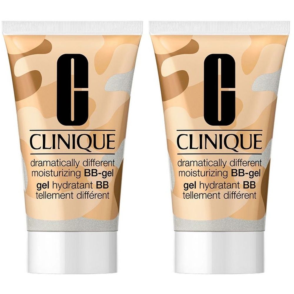 Deux tubes de CLINIQUE Dramatically Different™ Moisturizing BB-Gel. Motif camouflage beige-brun, bouchon blanc. Logo noir et nom du produit.