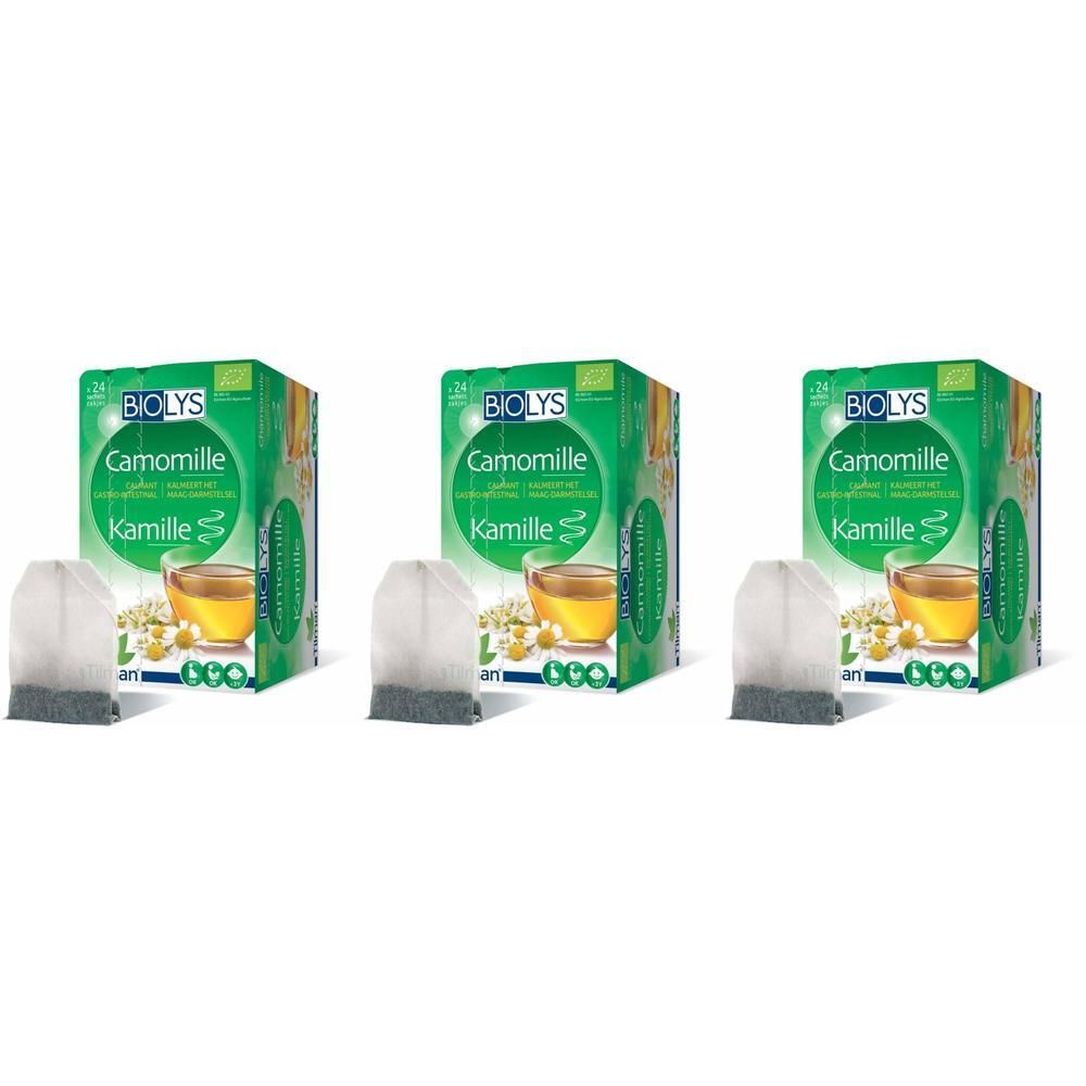 Drei Schachteln BIOLYS Kamille Tee mit Teebeuteln. Grüne Verpackung mit Produktname und Kamillenblüten-Illustration.