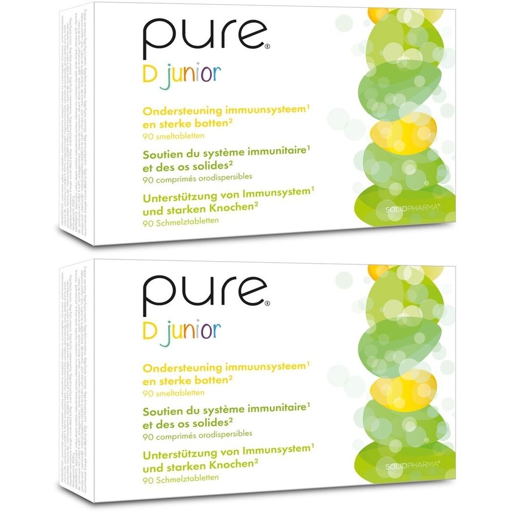 Deux boîtes Pure D Junior. Emballage blanc avec design vert et jaune. 90 comprimés. Texte: Soutien du système immunitaire.