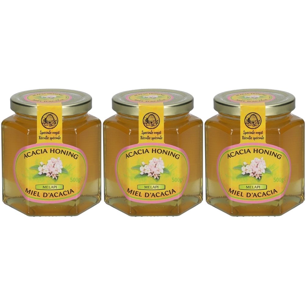 Drei Gläser Honig mit goldfarbenen Deckeln. Etiketten mit Text: Acacia Honing, Miel d'Acacia, und MELAPI.
