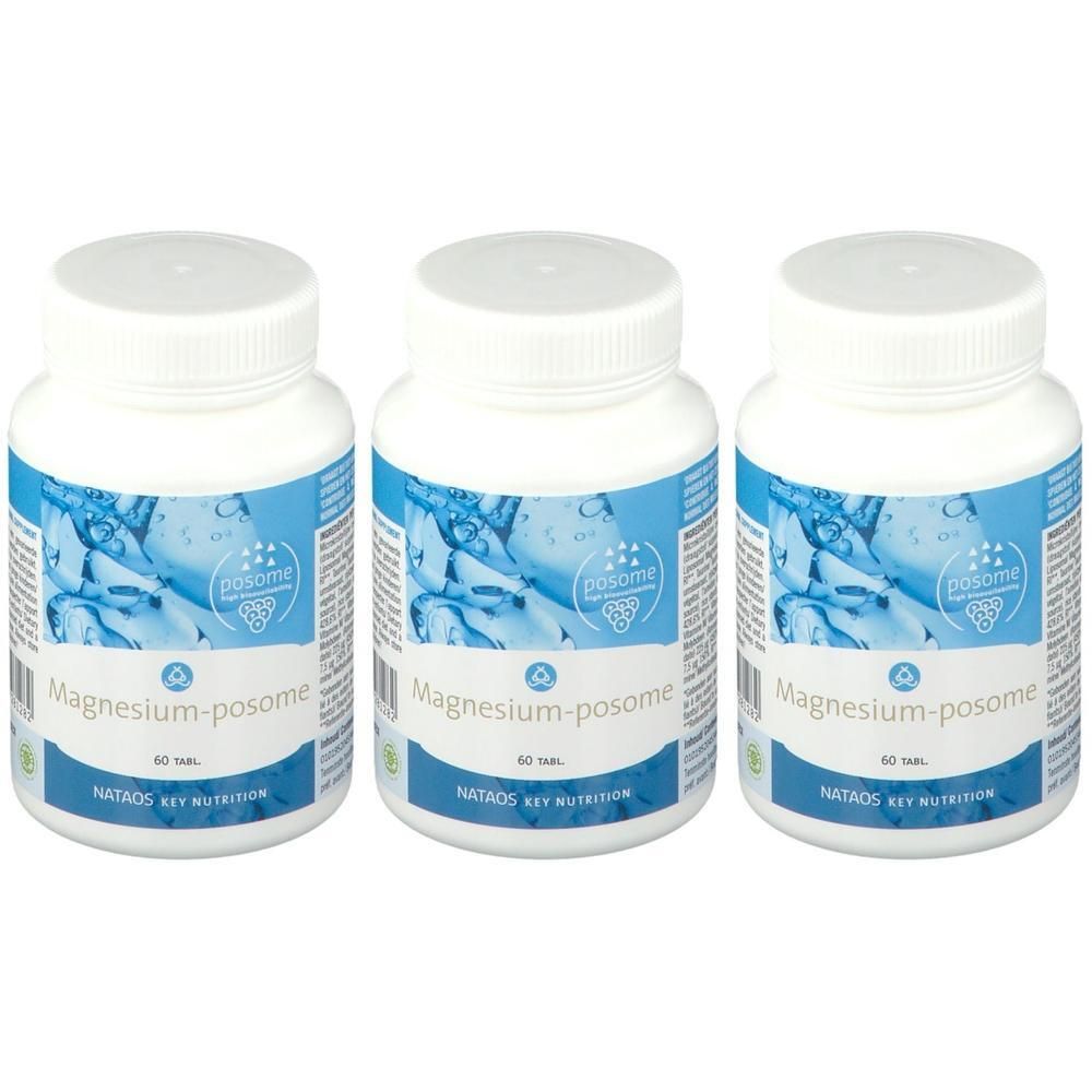 Trois flacons blancs avec étiquettes. Inscription : Magnesium-posome. Marque : NATAOS KEY NUTRITION. Chaque flacon contient 60 comprimés.