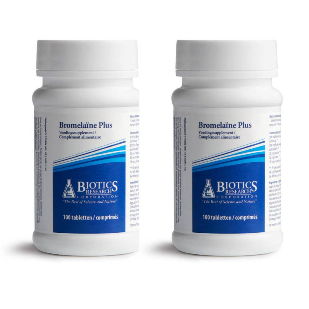 Deux flacons blancs avec étiquettes. Inscription: Bromelaïne Plus, Biotics Research Corporation. 100 comprimés.