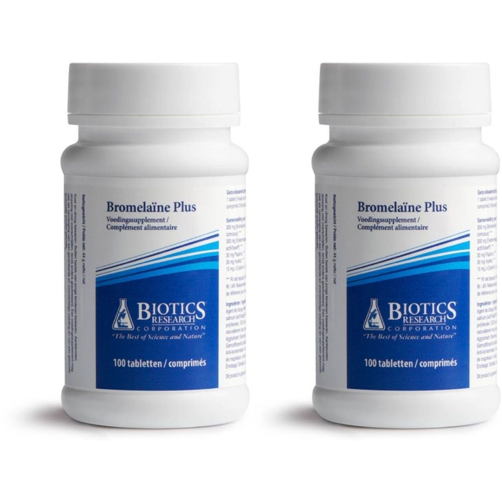 Zwei weiße Flaschen mit Etiketten. Aufschrift: Bromelaïne Plus, Biotics Research Corporation. 100 Tabletten.