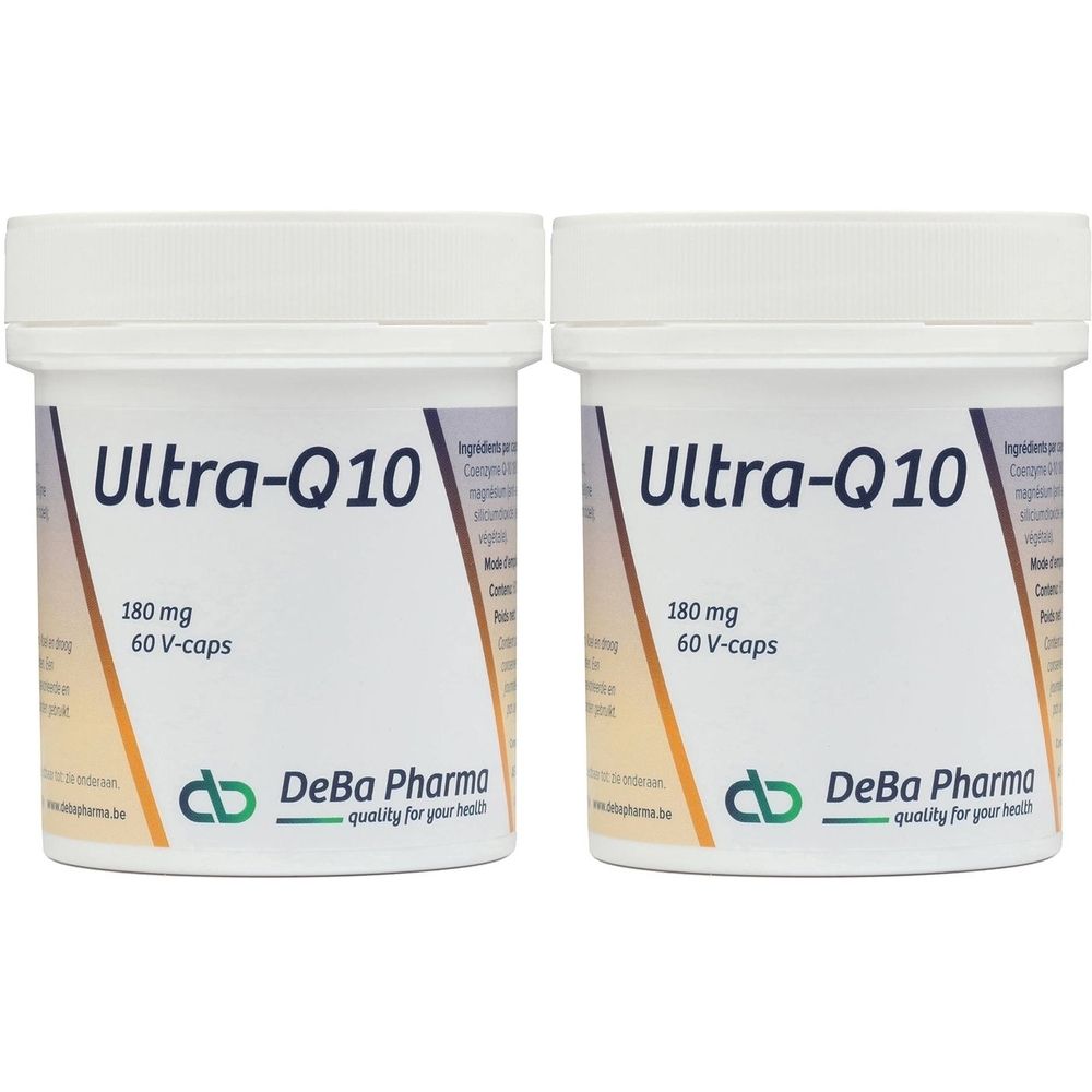 Deux pots blancs avec couvercles. Inscription: Ultra-Q10, 180 mg, 60 V-caps. Logo et texte: DeBa Pharma, quality for your health.