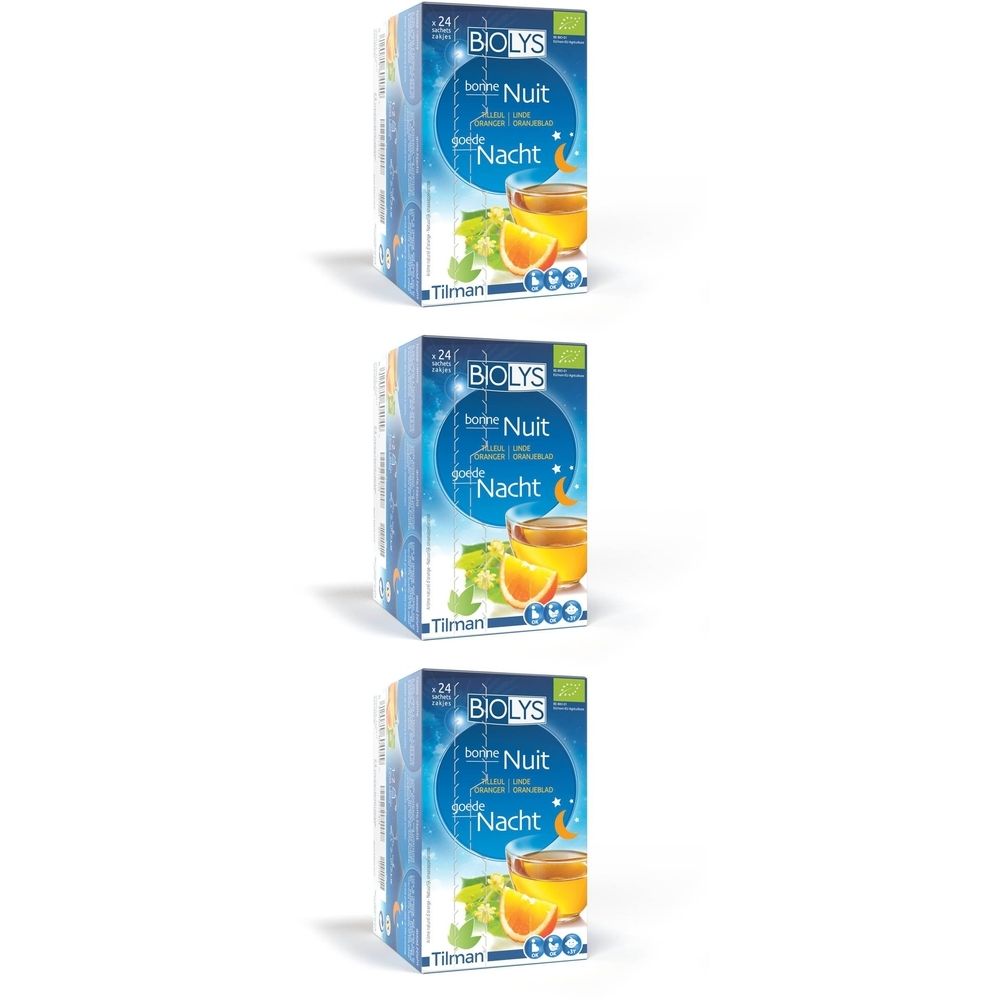 Trois boîtes de thé BIOLYS Tilleul-Orange. Emballage bleu avec nom du produit, image de thé et orange, et logo.