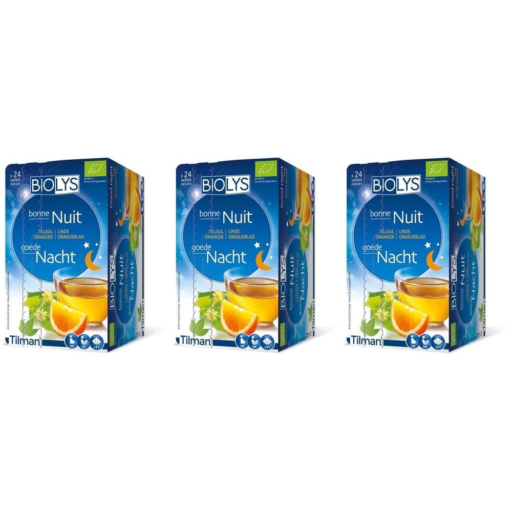 Drei Schachteln BIOLYS Linden-Orange Tee. Blaue Verpackung mit Produktname, Abbildung von Tee und Orange, sowie Logo.