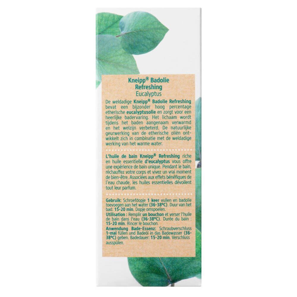 Verpackung von Kneipp Badöl Eucalyptus. Text in Deutsch und Niederländisch. Produktname, Inhaltsstoffe und Anwendungshinweise.