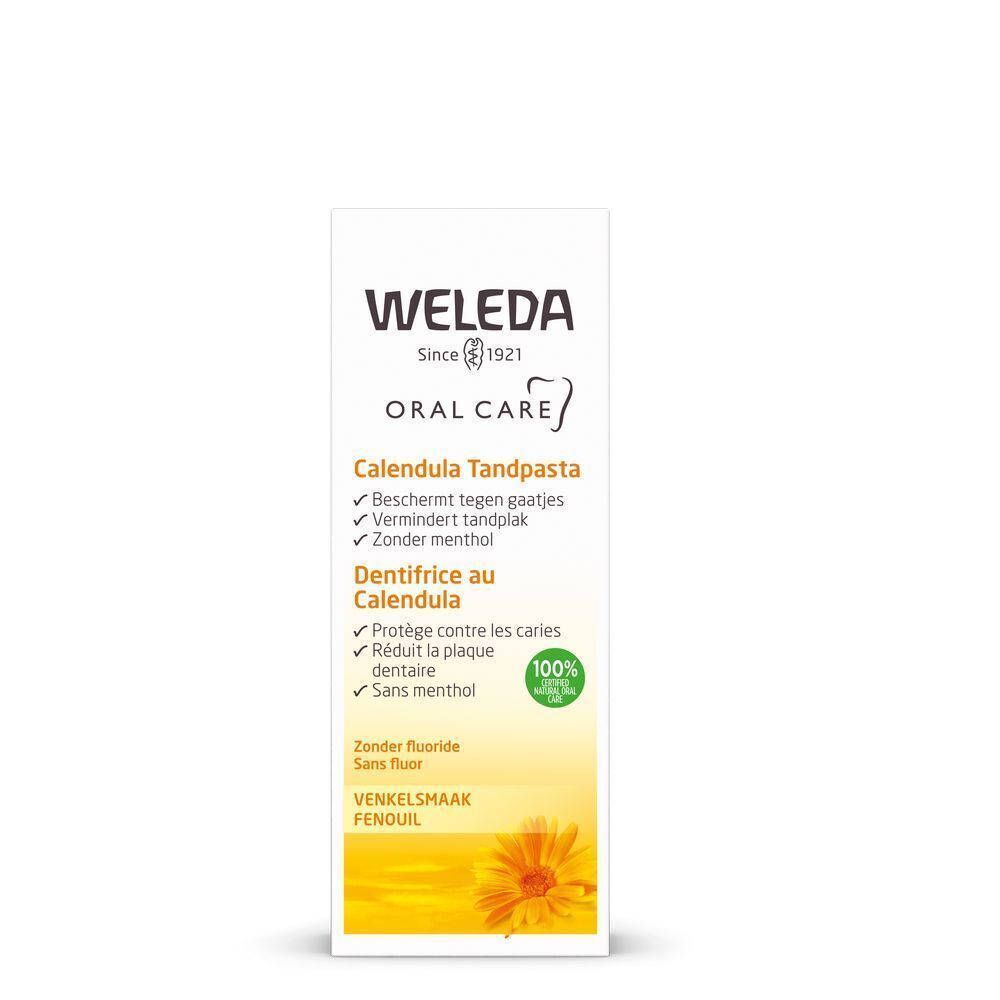 Weleda Calendula Zahnpasta in Verpackung. Weiße Tube mit gelbem Etikett. Sichtbar: Marke, Produktname, Inhaltsstoffe, grünes Qualitätssiegel.