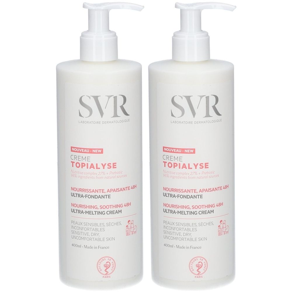 Zwei weiße Flaschen mit Pumpaufsatz. Aufschrift: SVR, Creme Topialyse. Text in Französisch und Englisch. 400ml.