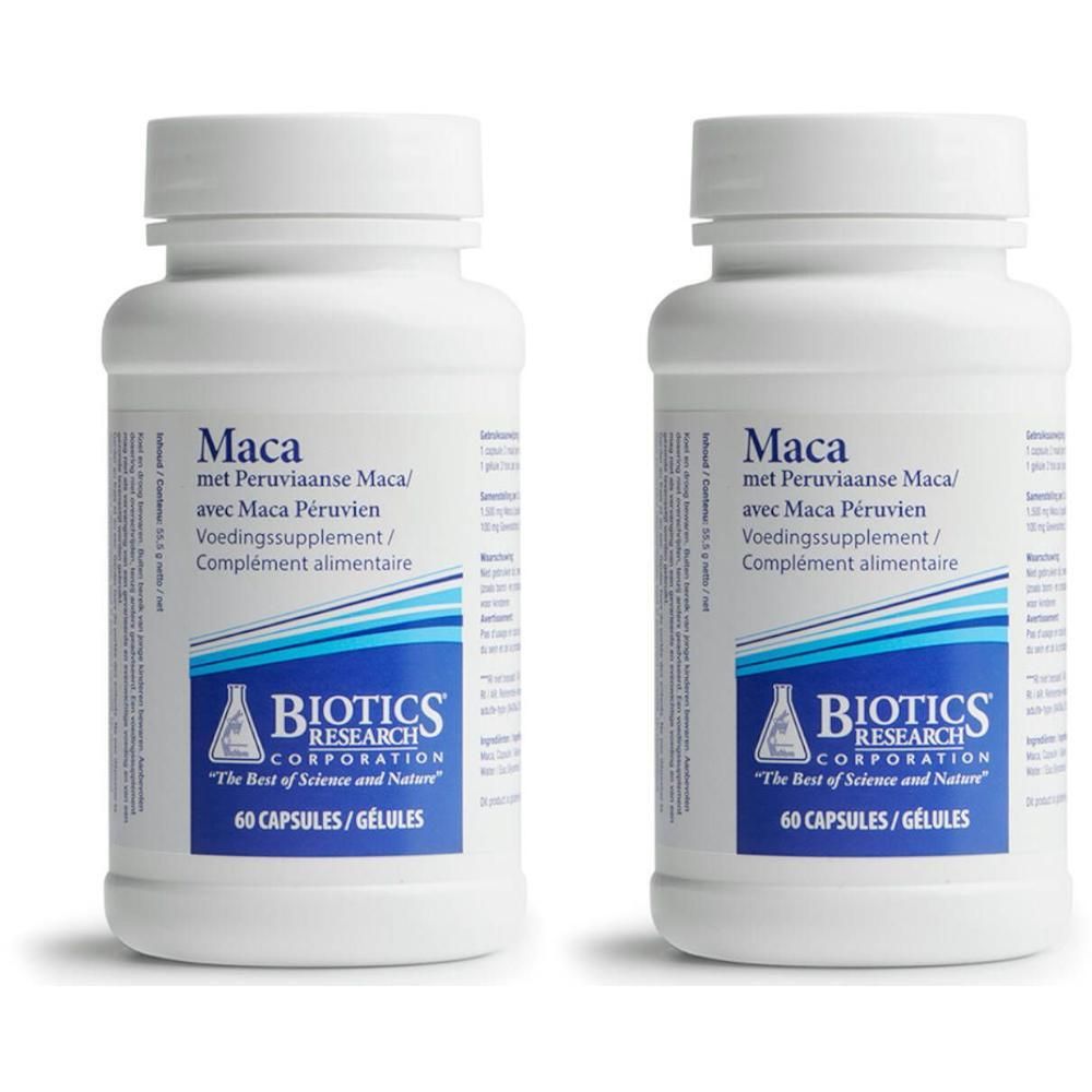 Zwei weiße Flaschen mit Schraubverschluss. Aufschrift: Maca, mit Peruaanse Maca, Voedingssupplement, BIOTICS RESEARCH CORPORATION.