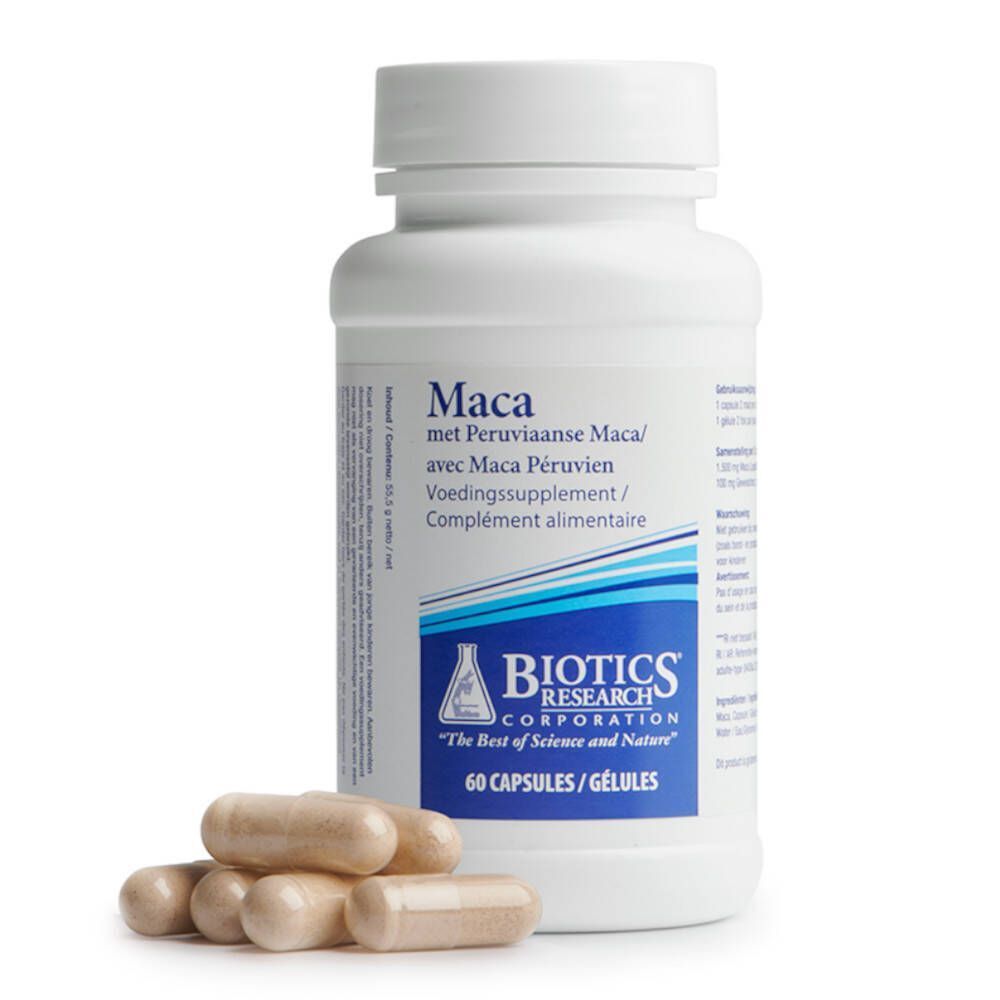 Weiße Flasche mit Schraubverschluss und Kapseln. Aufschrift: Maca, mit Peruaanse Maca, Voedingssupplement, BIOTICS RESEARCH CORPORATION. 60 Kapseln.