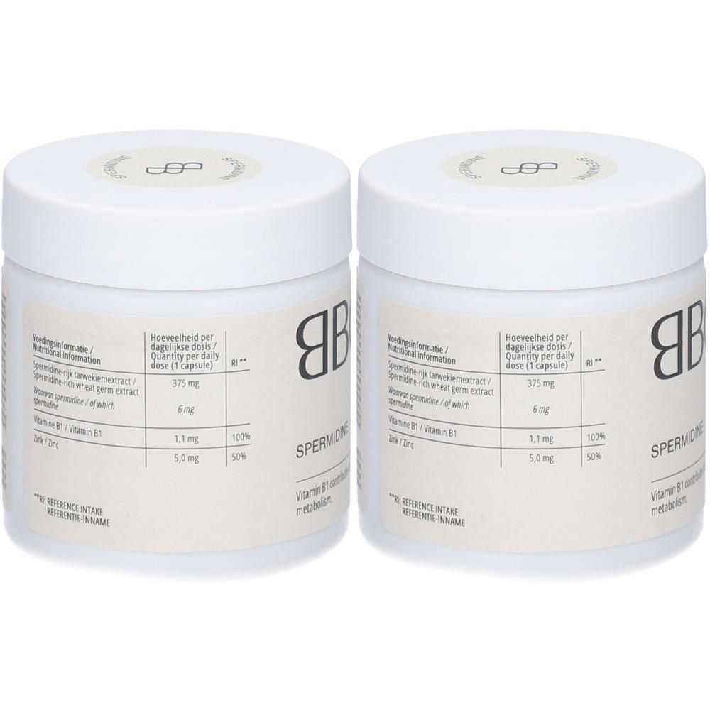 Zwei weiße Behälter mit Deckel. Aufschrift BBODY und SPERMIDIN. Etikett mit Nährwertangaben und Vitamin B1.