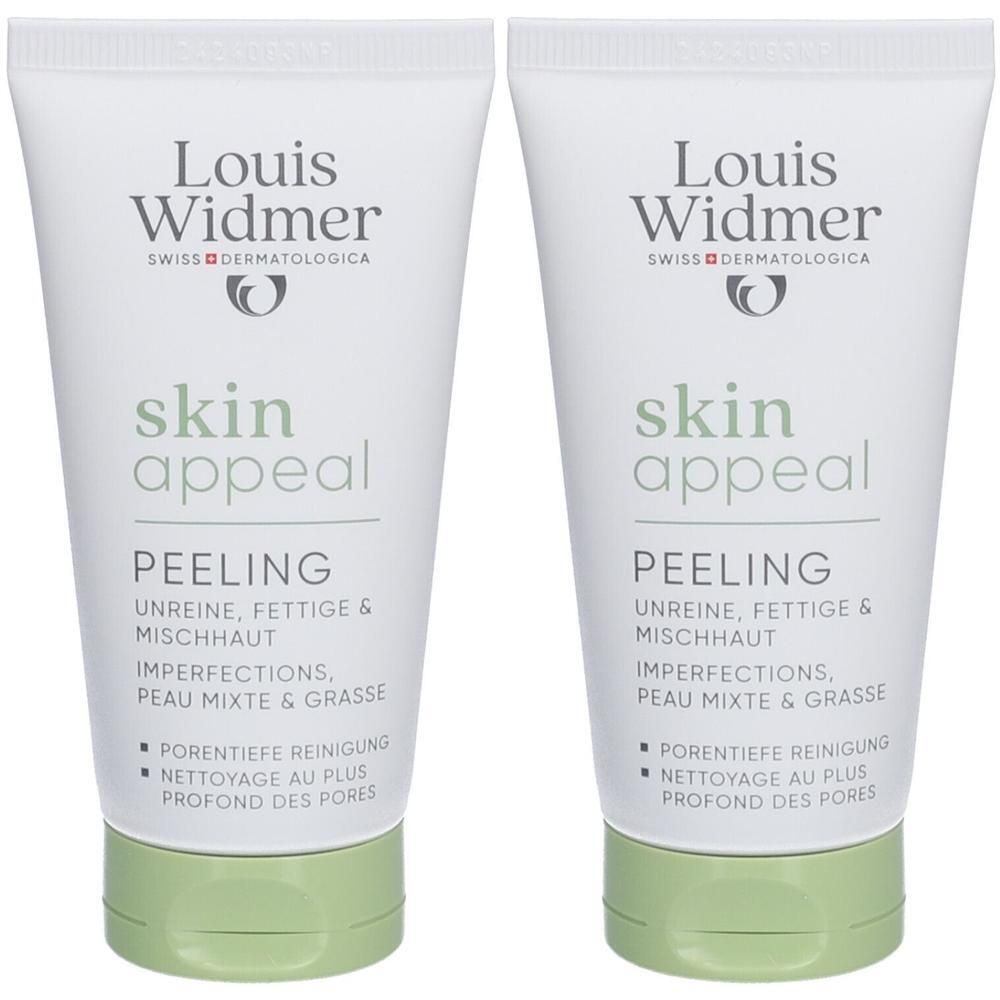Zwei Tuben Louis Widmer Skin Appeal Peeling. Weiße Tuben mit grünen Deckeln. Aufschrift: Skin Appeal, Peeling, für unreine Haut.