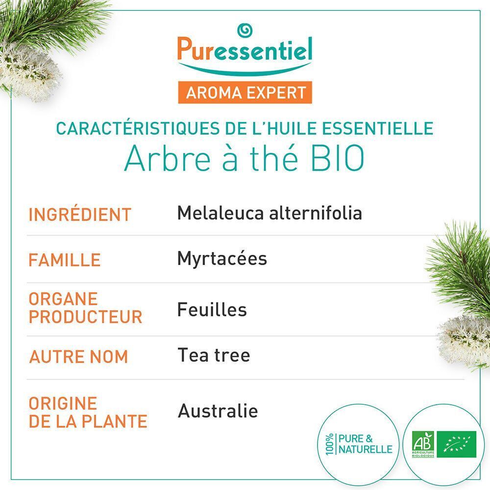 Puressentiel Teebaumöl BIO: Melaleuca alternifolia, Myrtaceae, Blätter, Tea Tree, Australien. AB-zertifiziert.