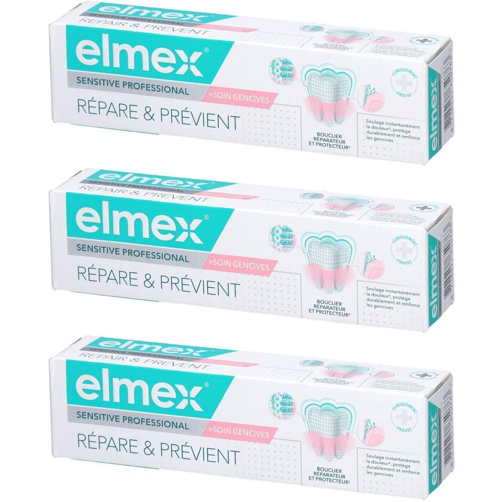Drei Packungen Elmex Sensitive Professional. Weiße Verpackung mit grünem und blauem Logo. Text: Repariert & Verhindert.