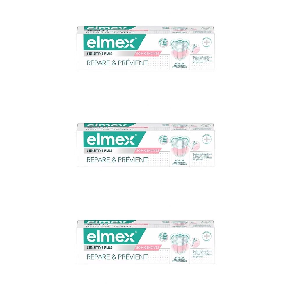 Trois boîtes Elmex Sensitive Plus. Emballage blanc avec logo vert et bleu. Texte: Répare & Prévient.