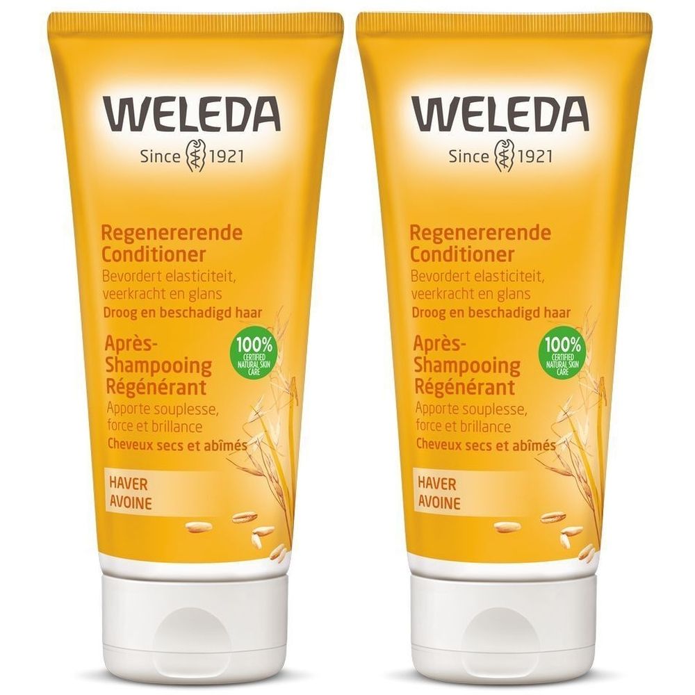 Deux tubes jaunes avec bouchon blanc. Inscription: WELEDA, Après-Shampooing Régénérant. Contient 100% d'ingrédients naturels. Pour cheveux secs et abîmés.