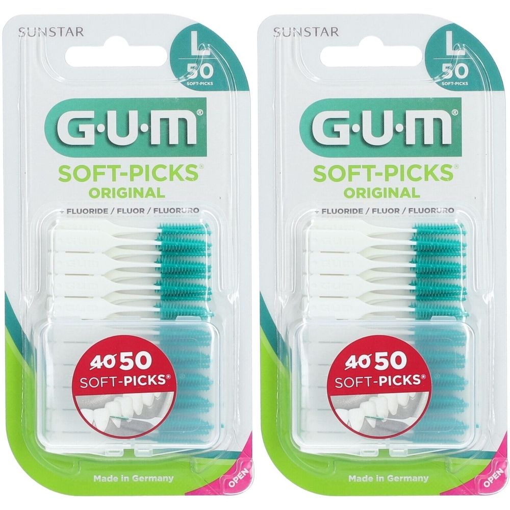 Deux paquets de GUM Soft-Picks Original. Chaque paquet contient 50 pièces. Brosses vertes et blanches dans un emballage transparent.