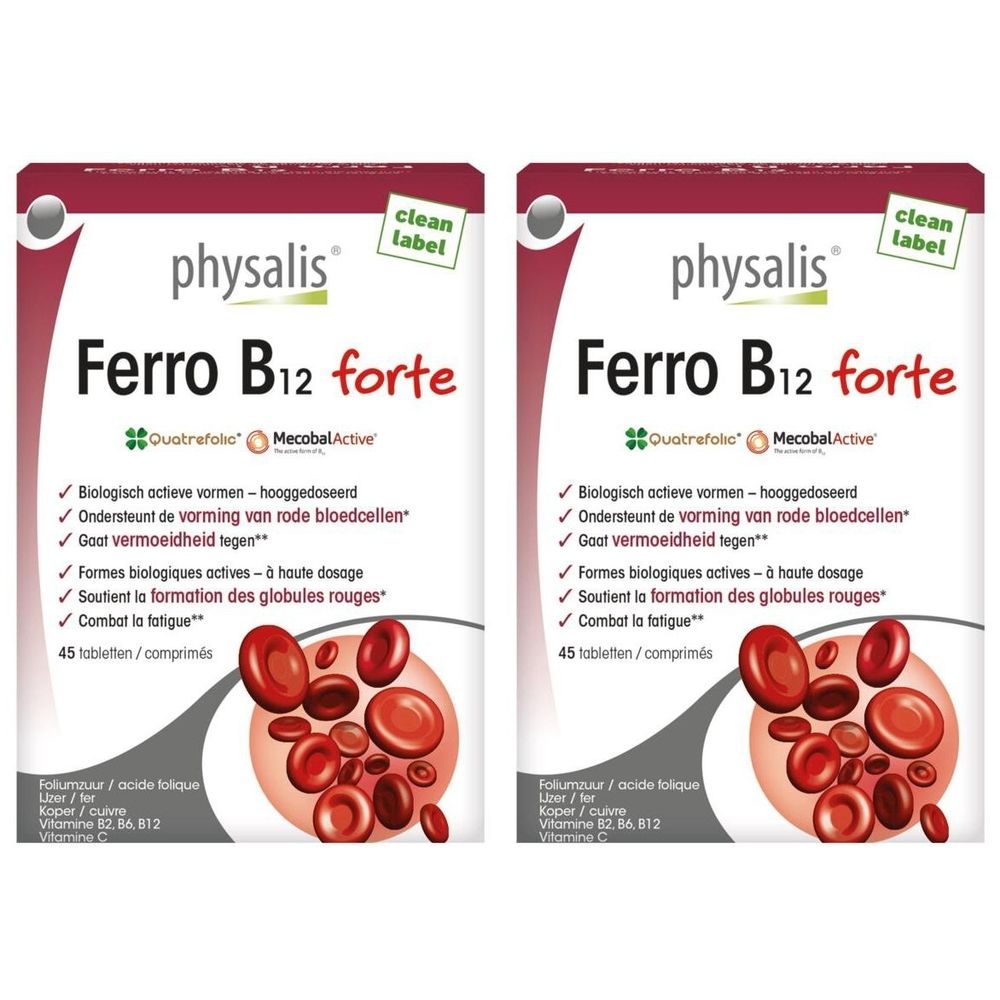 Deux boîtes de physalis® Ferro B12 forte. Emballage rouge et blanc avec nom du produit et informations. 45 comprimés.