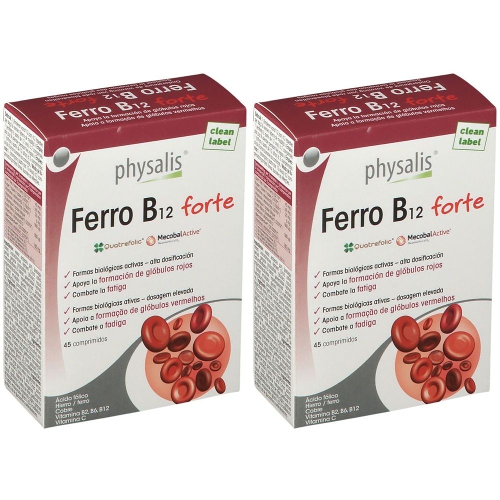Deux boîtes de physalis® Ferro B12 forte. Emballage rouge et blanc avec nom du produit et informations. 45 comprimés.