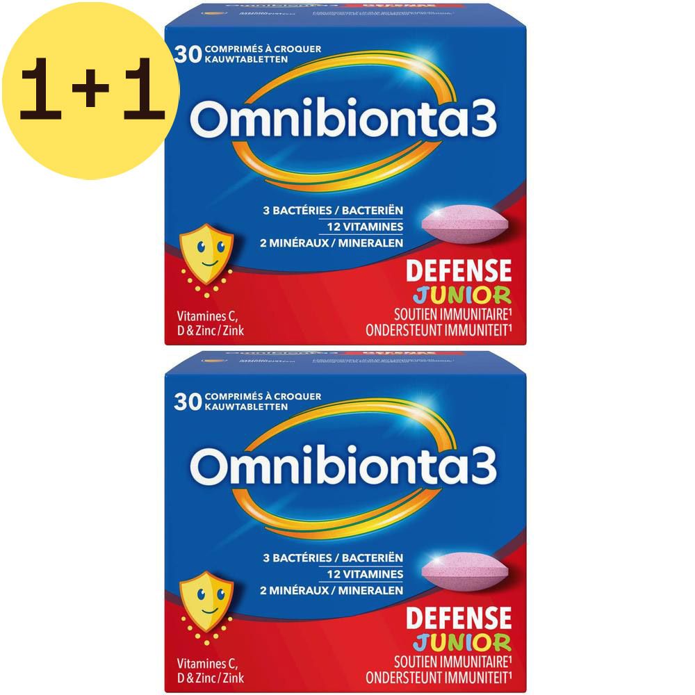 Deux boîtes d'Omnibionta 3 Defense Junior. Boîtes bleues avec image de comprimé rose et nom du produit.