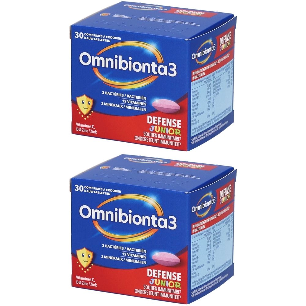 Deux boîtes d'Omnibionta 3 Defense Junior. Boîtes bleues avec image de comprimé rose et nom du produit.