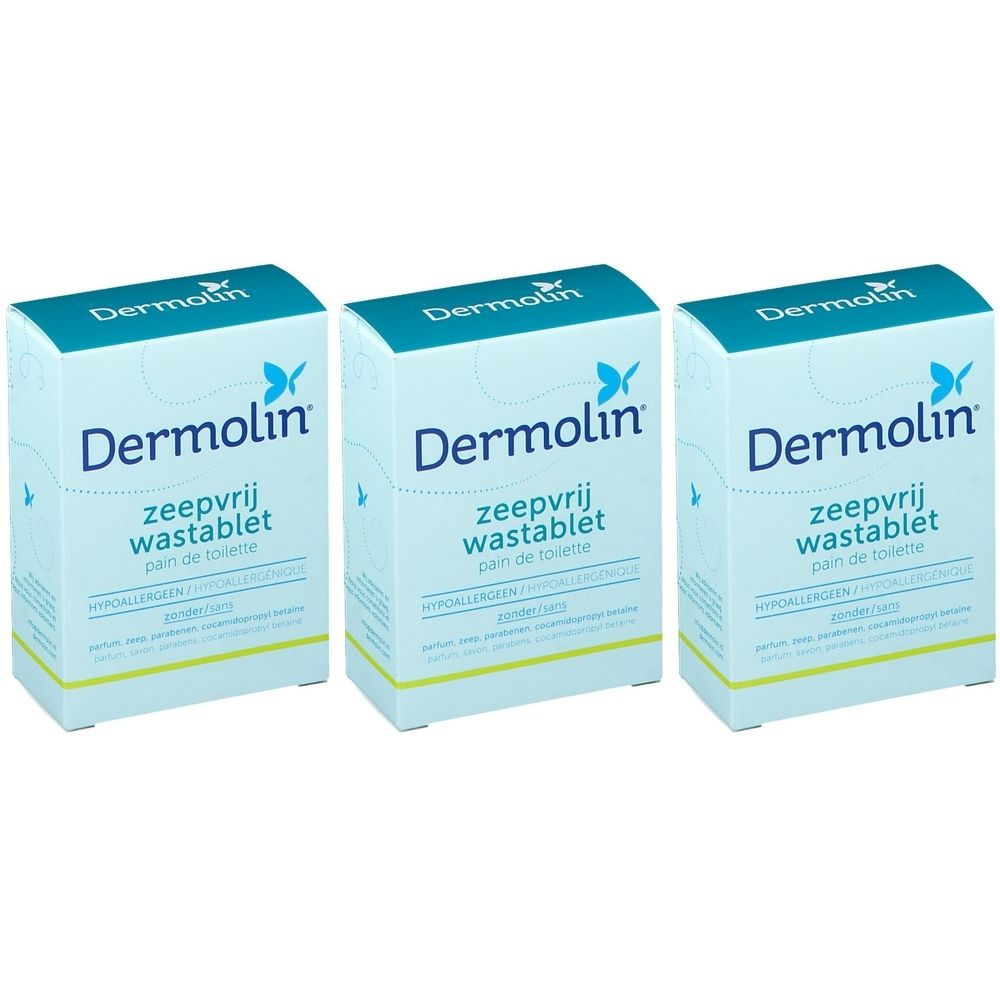 Trois boîtes rectangulaires avec le texte "Dermolin". Texte en néerlandais et en français. Couleurs turquoise et blanc.