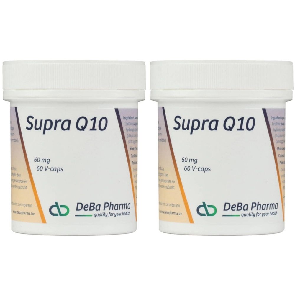 Deux pots blancs avec bouchons à vis. Inscription Supra Q10, 60 mg, 60 V-caps. Logo DeBa Pharma.
