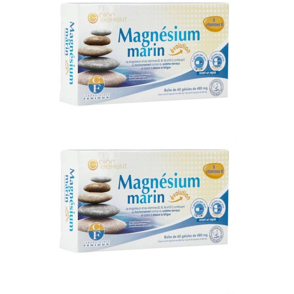 Zwei Schachteln mit der Aufschrift "Magnésium marin evolution". Auf jeder Schachtel sind 60 Kapseln enthalten.
