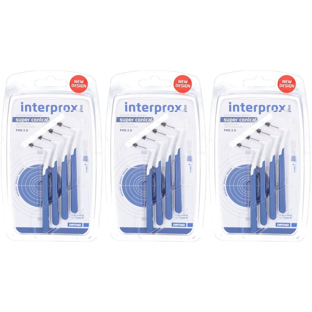 Drei Blisterpackungen mit blauen Interdentalbürsten. Jede Packung enthält mehrere Bürsten mit weißen Borsten und blauem Griff.