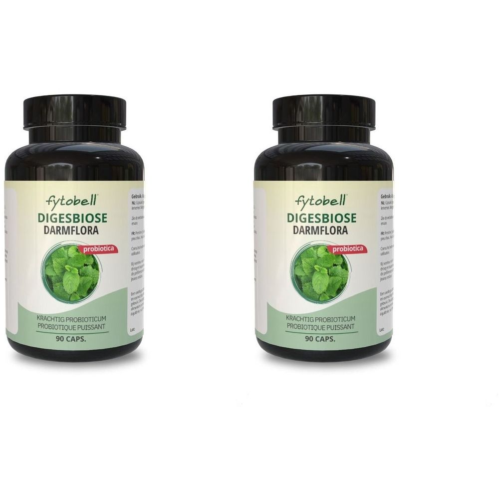 Zwei Flaschen mit schwarzem Deckel. Auf dem Etikett steht "fytobell DIGESBIOSE DARMFLORA". Darunter ein grünes Bild. Text: "probiotica".