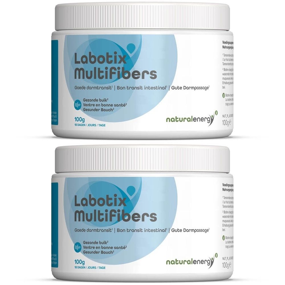 Zwei weiße Dosen mit blau-weißem Etikett. Aufschrift: Labotix Multifibers, 100g. Marke: naturalenergy.