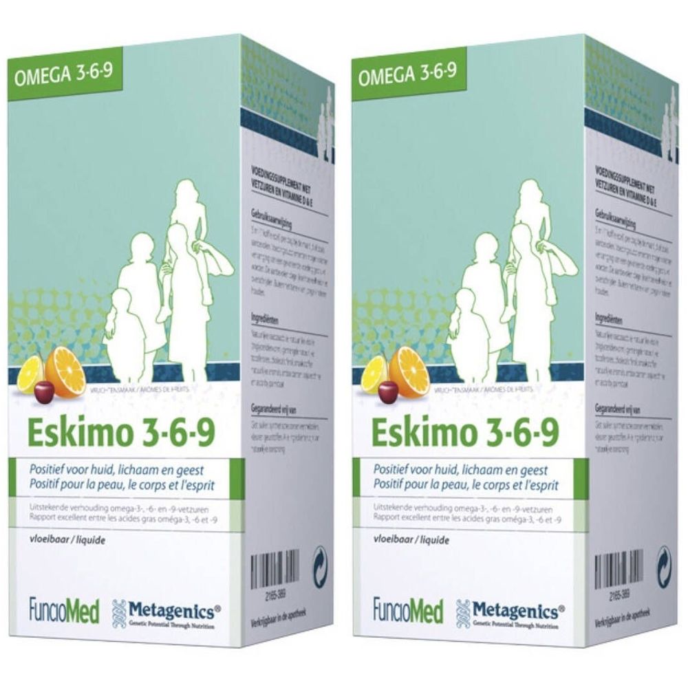 Zwei Kartons mit „OMEGA 3-6-9“ und „Eskimo 3-6-9“ Aufschrift. Aufdrucke: „Positief voor huid, lichaam en geest“. Logos von FuncoMed und Metagenics.