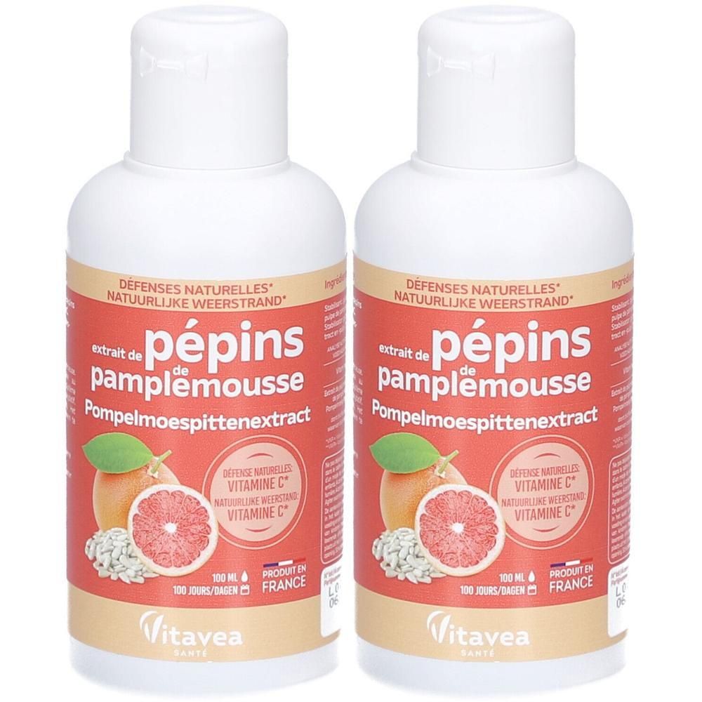 Zwei Flaschen mit Etikett. Aufschrift: Pépins de pamplemousse, Vitamin C. Marke: VitaVea. Französische Flagge.