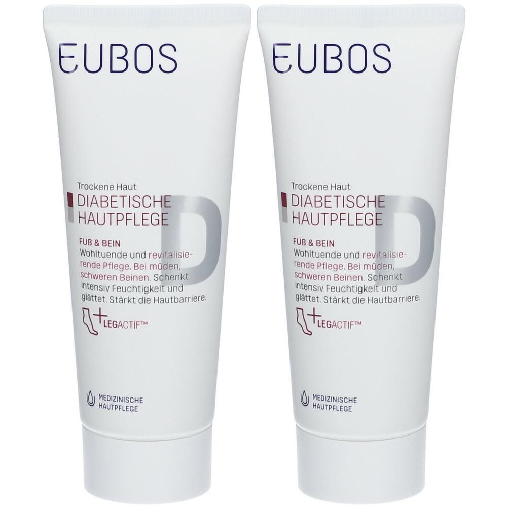 Zwei Tuben EUBOS® MED DIABETES HAUTPFLEGE. Weiße Tuben mit Schriftzug und Logo. Text: FUB & BEIN, LEGACITF, Medizinische Hautpflege.