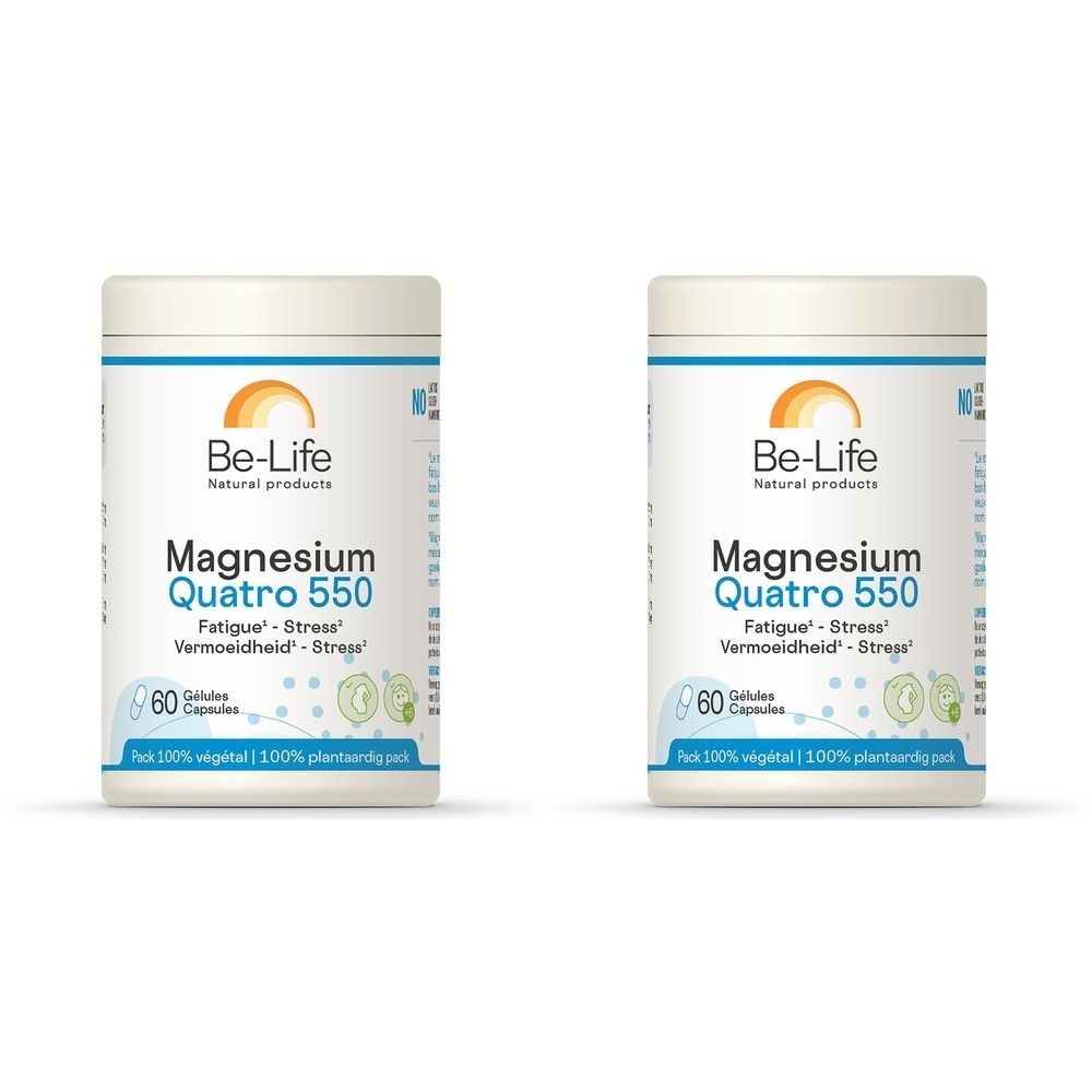 Deux boîtes blanches Be-Life Magnesium Quatro 550. Inscription: Magnesium Quatro 550, 60 gélules, 100% végétal.