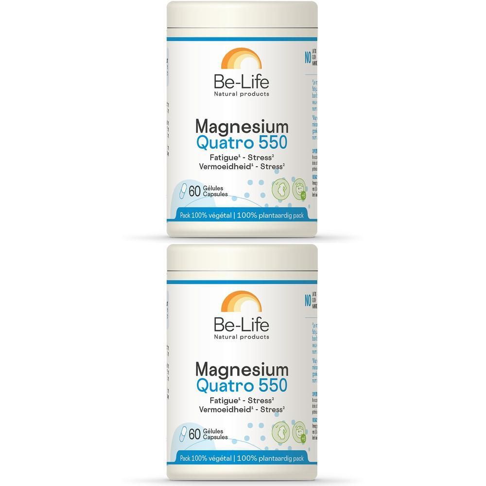 Zwei weiße Be-Life Magnesium Quatro 550 Behälter. Aufschrift: Magnesium Quatro 550, 60 Kapseln, 100% vegetal.