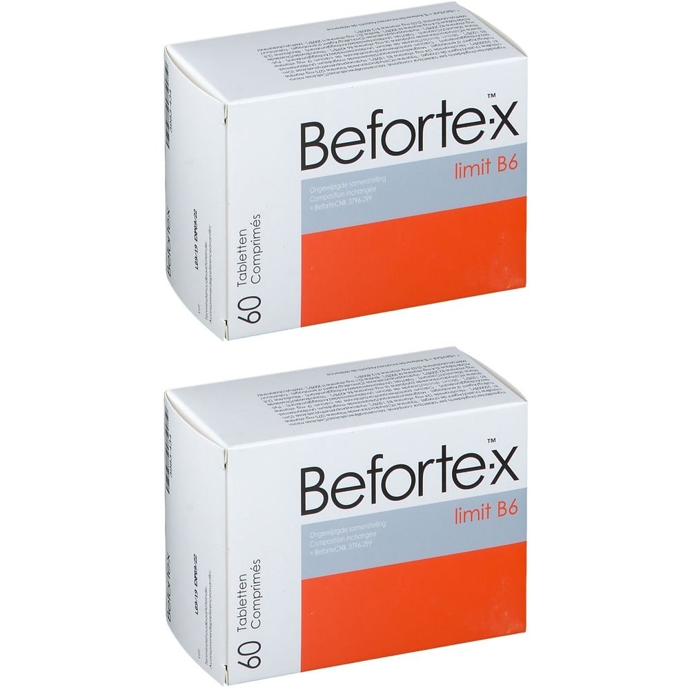 Deux boîtes de Befortex limit B6. Emballage blanc avec accent orange. 60 comprimés. Inscription Befortex.