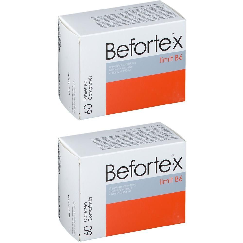 Deux boîtes de Befortex limit B6. Emballage blanc avec accent orange. 60 comprimés. Inscription Befortex.