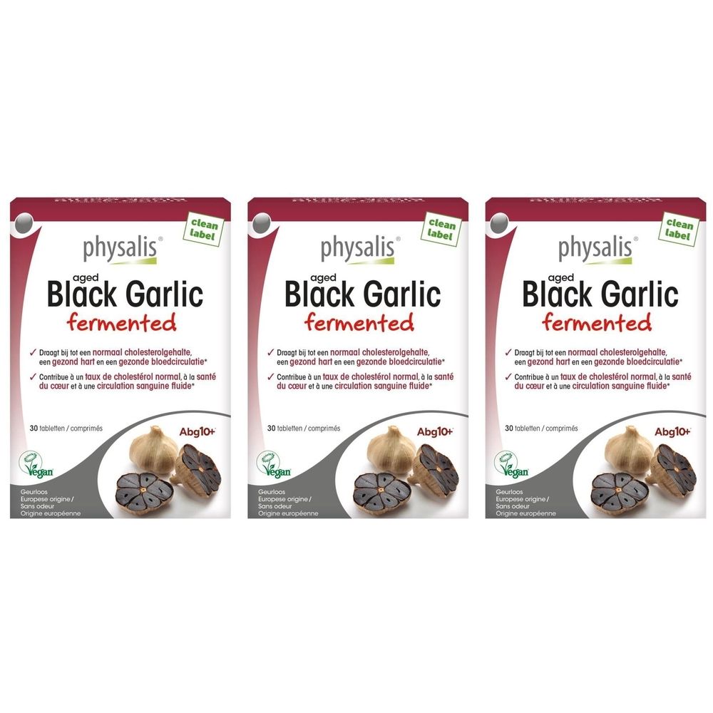 Trois boîtes "physalis® Black Garlic fermented". Ail noir, label Bio, 30 comprimés. Vegan.