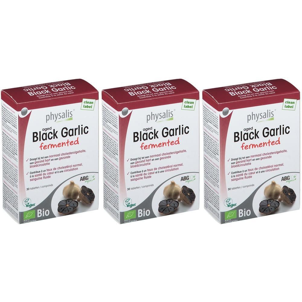 Drei Packungen physalis® Black Garlic fermented. Rote und weiße Verpackung mit Produktabbildung und Text.