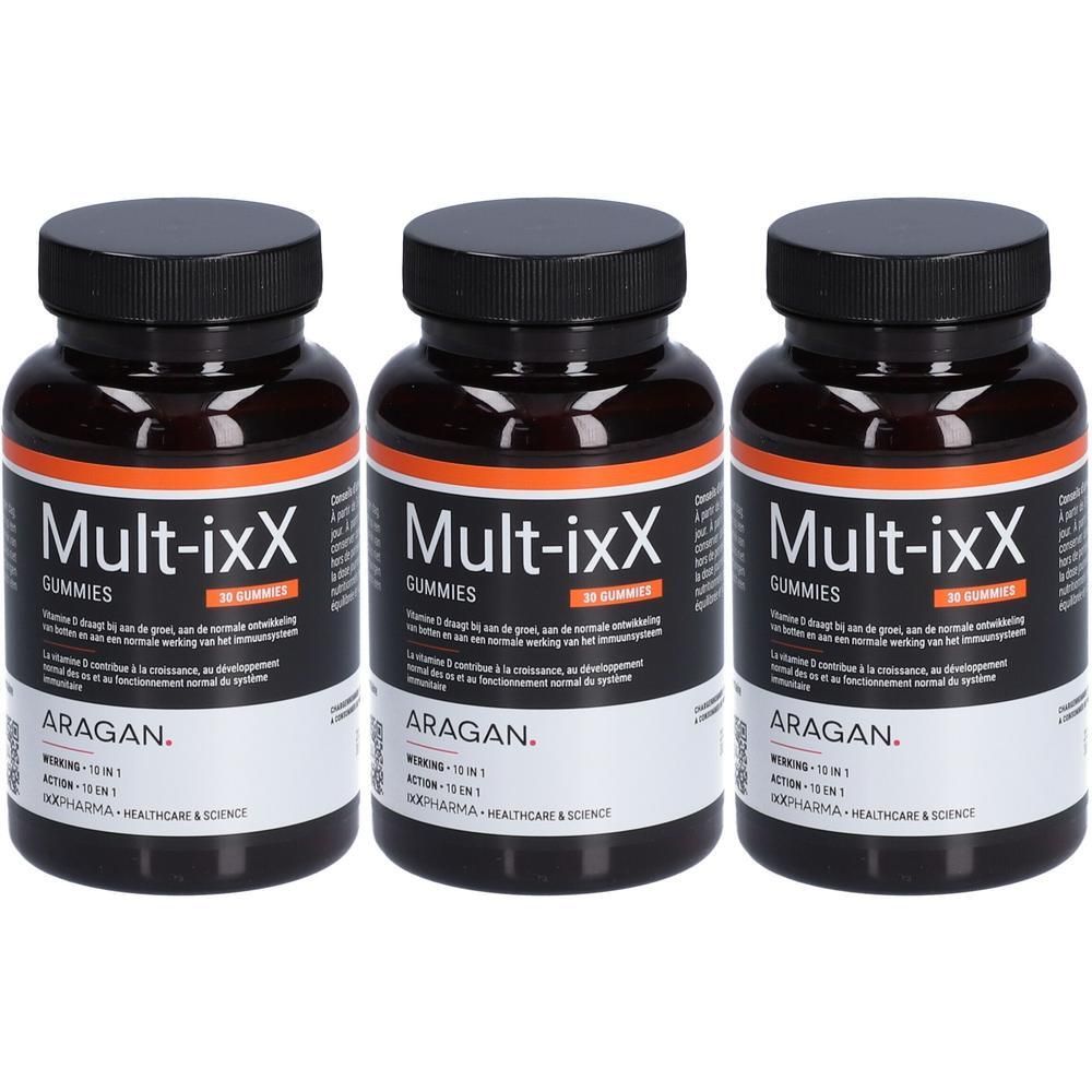 Drei Flaschen Mult-ixX Gummies. Schwarze Deckel, Etikett mit Produktinformationen. Aufschrift: Mult-ixX Gummies, 30 Gummies.